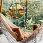 Stained Glass Window Hanging, Green Cactus Sun Catcher for Door Terrace Garden Home Decor, Abstract Desert Landscape Suncatcher Birthday Gifts for Lovers Women Men Dad Mom Nana 15 in