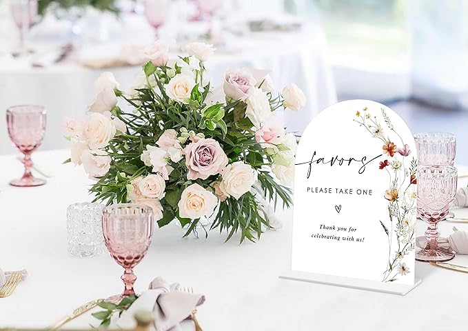 Boho Floral Favors Sign, 6 x 8 Inch White Arch Acrylic Wedding Sign with Holder, Wedding Sign for Ceremony and Reception, Wedding Decoration, Wedding Supplies - BX26