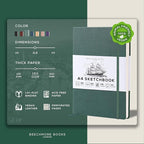 Beechmore Books A4 Sketchbook – 8.5x11 Premium Vegan Leather Bound Large Sketch Book Hardcover with 156 Thick 160gsm Perforated Ivory Pages, Blank Sketch Pad, Gift Boxed, Back Pocket, Ribbon Bookmark
