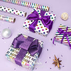 Ribbli Birthday Wrapping Paper 30 Inch Iridescent Gift Wrapping Paper 4 Rolls Happy Birthday Polka Dots Stripes Stars Printed Assortment -120 inch(10feet) Per Roll