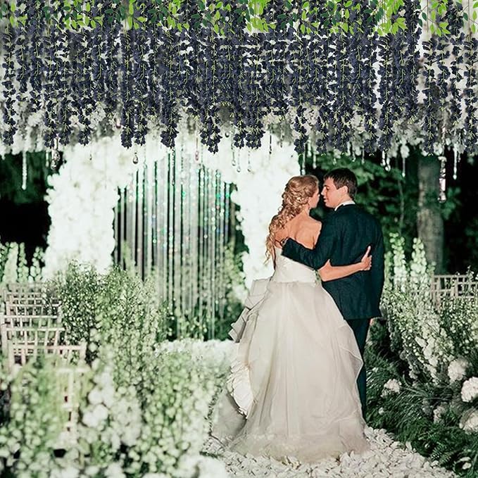 24 Pack Artificial Wisteria Flower Fake Silk Flowers String Vine Ratta Hanging Garland for Home Garden Party Wedding Backdrop Arch Decor (Black)