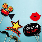 34pcs Hollywood Themed Movie Night Party Photo Booth Props, Hollywood Selfie Frame with Party Photo Props, Red Carpet Cutouts Cards Table Toppers Theme Decor Movie Night Party Supplies