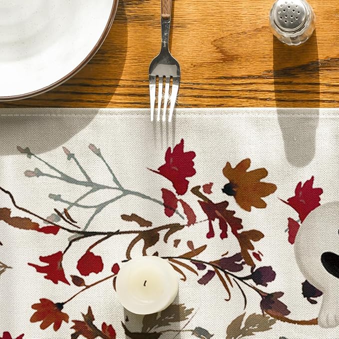 Artoid Mode Ghost Flowers Leaves 210 GSM Halloween Table Runner,Seasonal Fall Kitchen Dining Table Decoration for Home Party Decor 13x90 Inch