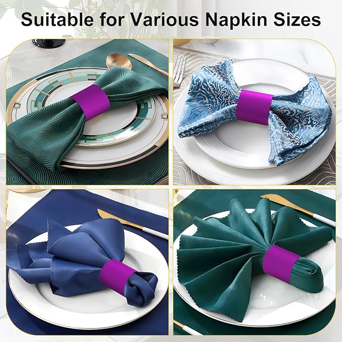 Polymer Material Reusable Napkin Band, Glue-Free Tear-Proof Water Resistant Oil-Proof Napkin Bands Set of 100(Front Purple Color and Back White), 6 Adjustable Sizes Napkin Rings