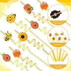 Yungyan 24 Sets Honey Bee Party Favors Goodie Cups with Lids and Straws for Birthday Decorations Reusable 16oz Plastic Candy Cups Plastic Straws for Birthday Party(Bee)