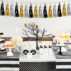 4P Black Gold Silver Foil Fringe Tassel Garland Banner Metallic Tinsel Streamers Wall Hanging Curtain Backdrop Banner for Parade Floats, 2025 Graduation Decorations,New Years Decorations, Father' Day
