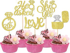 30 PCS He Asked She Said Yes Cupcake Toppers Love I Do Diamond Ring Cupcake Picks for Wedding Enaggement Bridal Shower Party Cake Decorations Supplies Gold