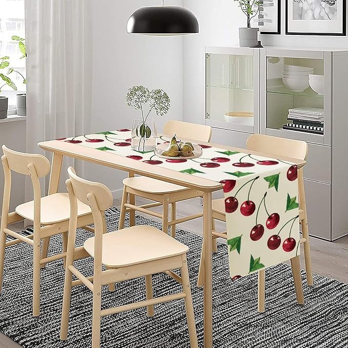 Red Cherry Table Runner Watercolor Tropical Fruit Spring Summer Wild Berry Dinner Runner for Girl Baby Party Holiday Home Kitchen Dining Table Decor 13x90