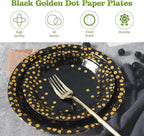 Lullaby 120PCS Black Paper Plates, Black and Gold Paper Plate, 60pcs Dinner Plates 9"，60pcs Dessert Plates 7", Disposable Graduation Plates with Golden Dot for Birthday party, Halloween