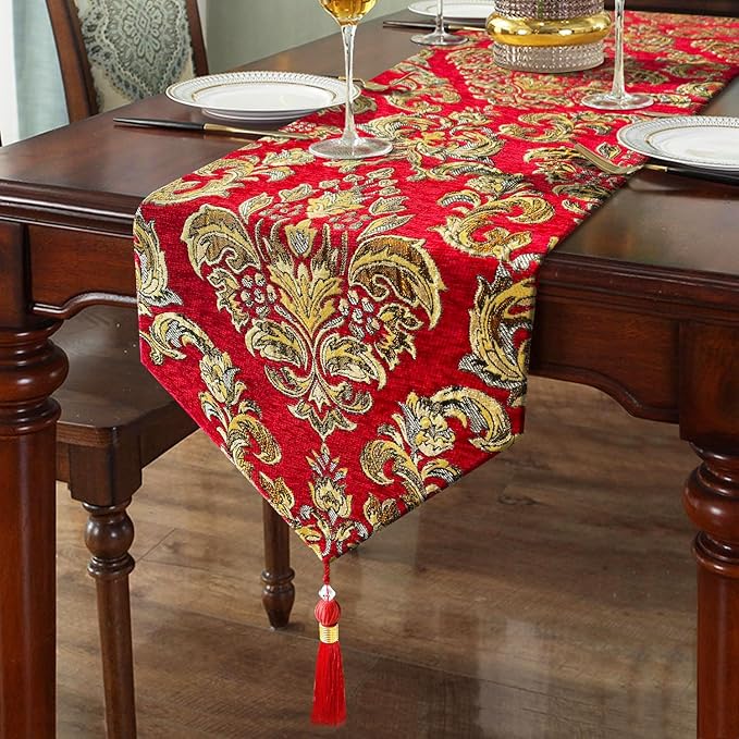Jacquard Red Table Runner 120" Chenille Decorations for Birthday Wedding Party Handmade Centerpiece