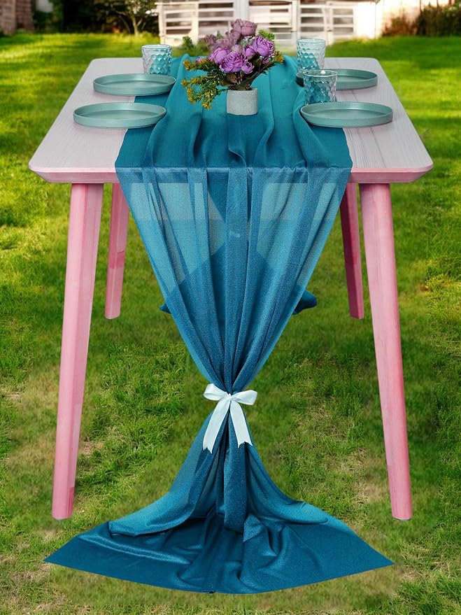 MDS 2 Pack 10ft Chiffon Table Runner 29 x 120 Inches Sheer Wedding Runner Romantic Rustic Table Runner for Wedding Decorations, Birthday Parties, Bridal Shower Party Arch Decor - Dark Teal
