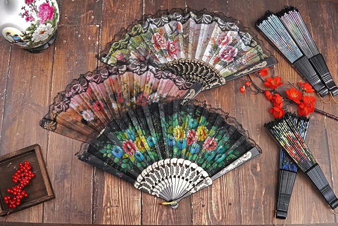 HUNANBANG 4 Pieces Folding Hand Fans Church Wedding Gift, Party Favors, DIY Decoration Gift Size9 Wholesale 4pack (Spanish 4pack)