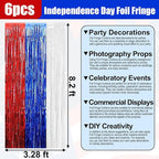 6 Pack White Blue Red Foil Fringe Curtain Backdrop, 3.28Ft x 8.2Ft Metallic Tinsel Foil Fringe Streamer Curtains for Photo Booth, Birthday, Wedding, New Year Party Decorations