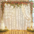 10ft x 7ft Cream White Chiffon Backdrop Curtain with Lights String for Parites Wedding Wrinkle Free Curtain Photo Backdrops Drapes for Baby Shower Birthday Party Home Decorations