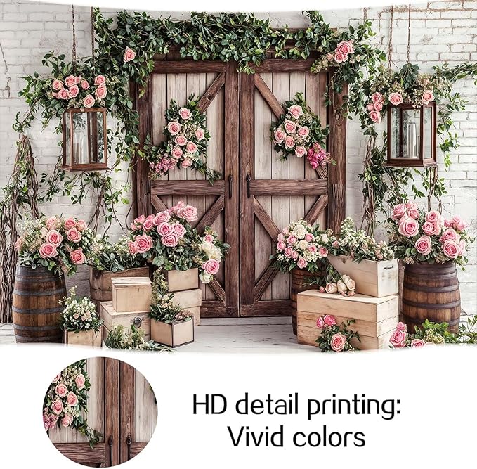 8x6ft Country Wedding Photography Backdrop Floral Rustic Roses Farmhouse Wooden Door Backdrop Pink Flower Birthday Baby Shower Wedding Bridal Party Banner Photo Booth Props Anniversary Background