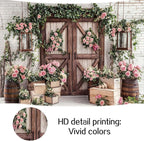 7x5ft Country Wedding Photography Backdrop Floral Rustic Roses Farmhouse Wooden Door Backdrop Pink Flower Birthday Baby Shower Wedding Bridal Party Banner Photo Booth Props Anniversary Background