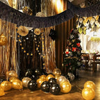 Black Foil Fringe Garland 10FT 2packs, Metallic Foil Tinsel Fringe Banners for Parade Float Decorations Wedding, Birthday Party Graduation (Two Black)