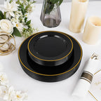 SUT 175 Pcs Black and Gold Plastic Dinnerware Set for 25 Guests, Include: 25 Dinner Plates, 25 Dessert Plates, 25 Pre Rolled Napkins With Silverware, 25 Cups, Disposable Plates for Halloween, Party