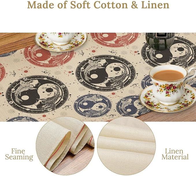 Yin Yang Table Runner, Vintage Mid Century Traditional Oriental Koi Fish Mystical Celestial Moon Stars Print Table Runner for Kitchen Dining Table Party Decor, 13x90inch