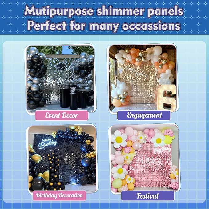 Qcity Black Shimmer Wall Backdrop 24PCS, Black Back Not See-Through Design, Square Sequin Glitter Backdrop Panel, Perfect for Outdoor Events, Birthdays, Wedding and Party Decoration