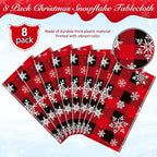 8 Pieces Red and Black Buffalo Plaid Merry Christmas Party Tablecloth Decorations,Plastic White Snowflake Buffalo Plaid Sign Table Cover for Winter Christmas Holiday Party Supplies,54x108 inch