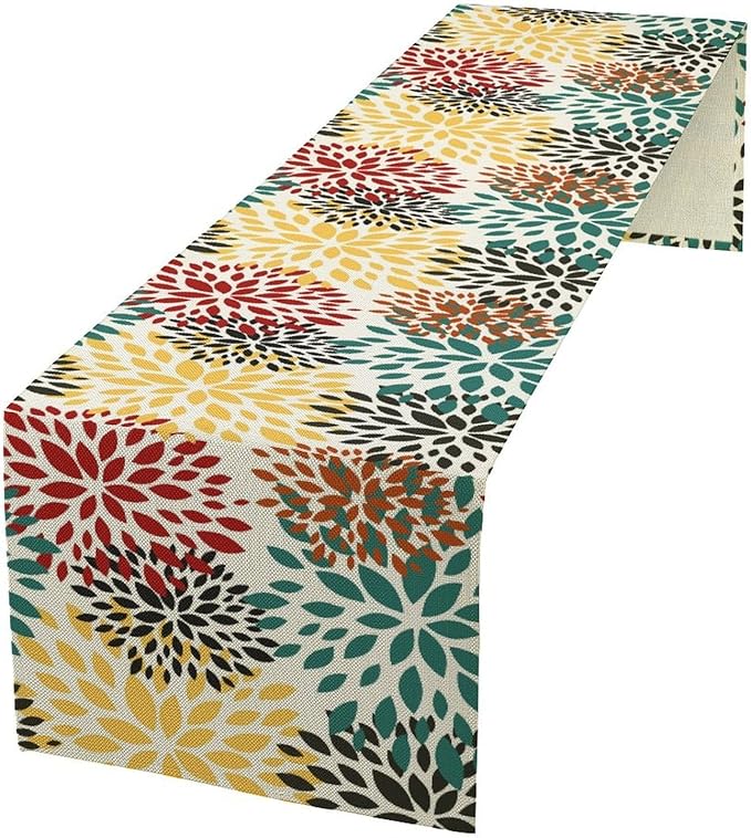 Green Red Dahlia Flower Table Runner Chrysanthemum Geometric Kitchen Dining Bedroom Living Room Table Decor for Indoor Outdoor Home Party, 13x70 Inch