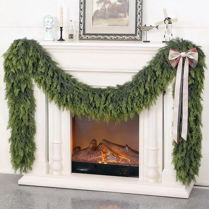 5FT Real Touch Cedar Garland - Artificial Christmas Garland Fake Green Faux Thick and Lush Pine Needles Garlands for Table Fireplace Mantle Holiday Home Indoor Outdoor Decor (1PCS)