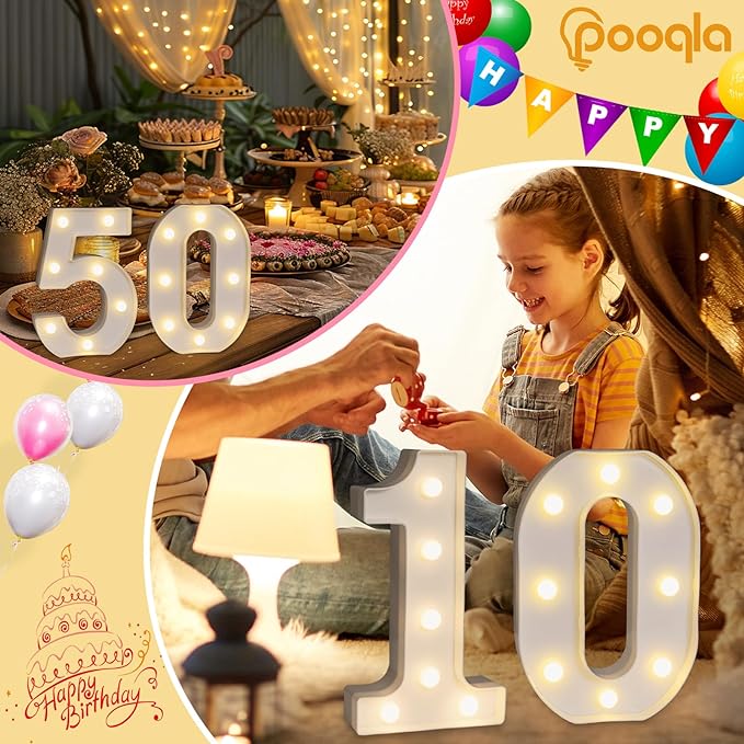 Pooqla Decorative LED Light Up Number Letters, White Plastic Marquee Number Lights Sign for 65th Birthday Party Wedding Decor, Battery Operated (65)