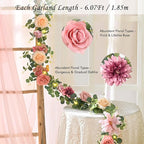 Waipfaru Artificial Flower Garland with Lights, 6.07Ft Lighted Eucalyptus Greenery Garland, Pink Rose Floral Vines for Wedding Table Runner Centerpieces Backdrop Decor