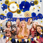 Navy Blue and Gold Happy Birthday Party Decoration 24Pcs Hanging Paper Fans, Pom Poms Flowers Garland String Polka Dot Triangle Bunting Flag Pack Happy Birthday Banner for Boy Birthday Baby Shower