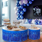 2 Pack Dark Blue Table Skirts, 29x108" Metallic Foil Tinsel Fringe Table Skirts for Rectangle Tables Streamer Curtains Backdrop, Party Decorations for Birthdays Weddings Holidays
