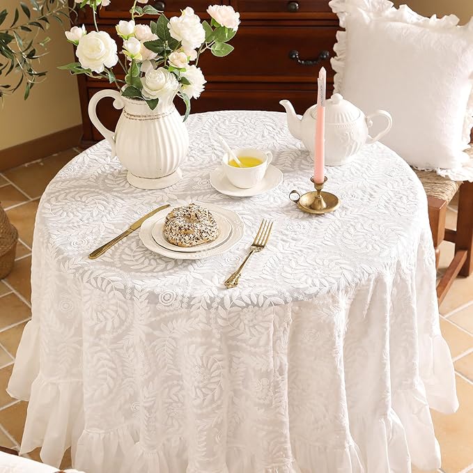 patdrea Vintage Ruffle Tablecloth for Round Tables,Farmhouse Embroidered Cotton White Lace Table Cloth Cover Decor for Dining Room Wedding Banquet Thanksgiving Christmas,Dimaeter 67"