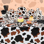 452 Pcs Cow Print Party Decorations Supplies Include Brown Cow Print Paper Plates Napkins Cups Tablecloth Cutlery Straws for Western Rodeo Birthday Baby Shower Farm Animal Party Decorations