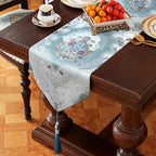 HeMiaor Luxurious Table Runners 98 inches Chenille Jacquard Fabric with Exquisite Hanging Ear Tassels Decoration for Wedding Decor Light Blue