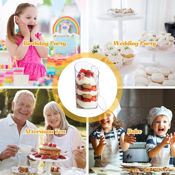 Nuogo 200 Pcs Mini Dessert Cups with Spoons Include 3 oz Square Plastic Appetizer Cups 2.5 oz Slanted Round Parfait Shooter Cup Small Clear Mousse Pudding Cup for Wedding Baby Shower Birthday Party