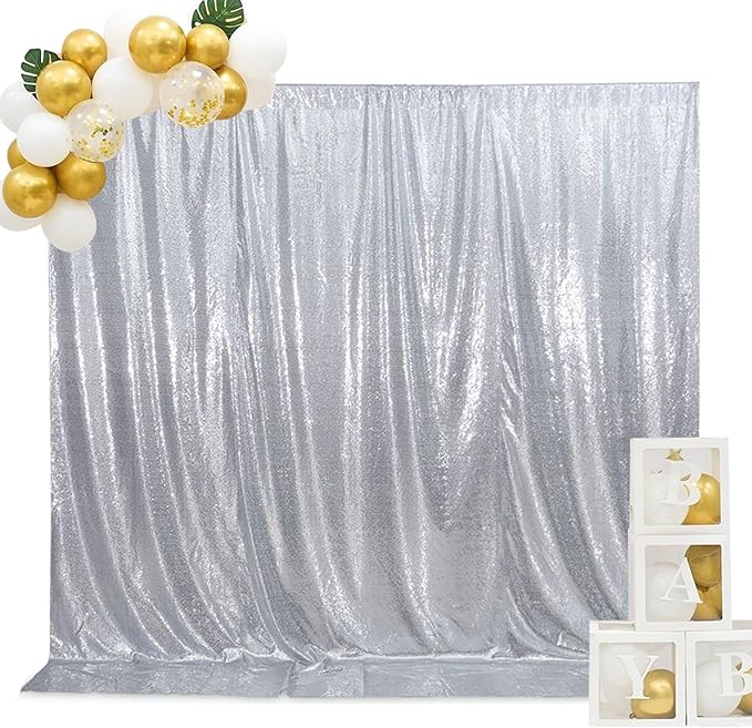 SquarePie Sequin Backdrop Curtain Not See Through Opaque Satin Photography Background for Wedding Patry 5FT x 7FT Silver