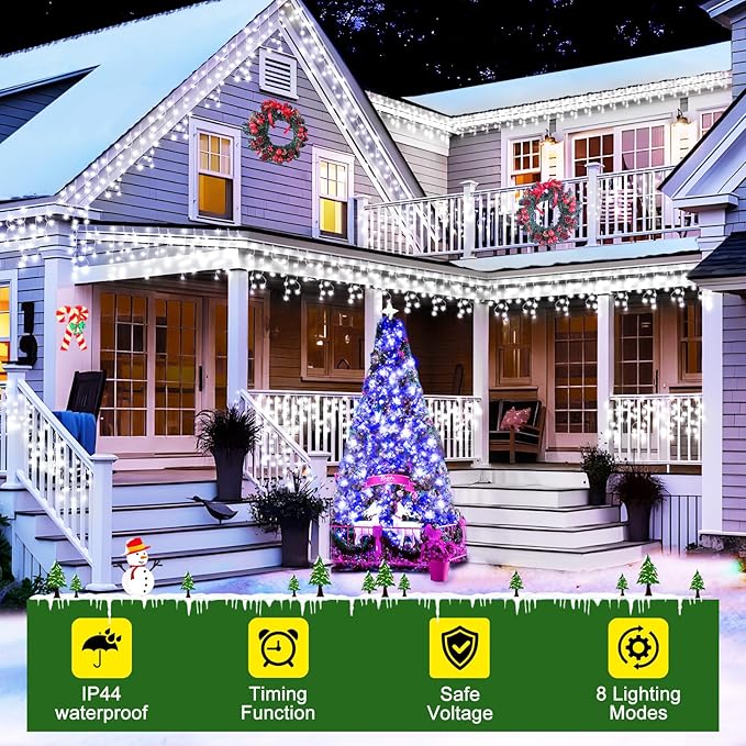 KNONEW 99ft 960 LED Christmas Lights Outdoor Decorations with 180 Drops, 8 Modes Curtain Fairy Light, Clear Wire LED String Light Indoor Decor for Wedding Party Christmas(Cool White)