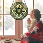 Stained Glass Window Hanging - White Green Boho Flower Suncatcher for Doors Window Home Sun Catchers Decor Christmas Mother's Day Birthday Gifts for Teacher Women Men Mom Nana 15 in