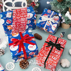 Ribbli Blue Christmas Wrapping Paper Reversible Cute Christmas elements Gift Wrapping Paper Rolls for Kids Holiday Presents Decoration-17 Inch x 33 Feet