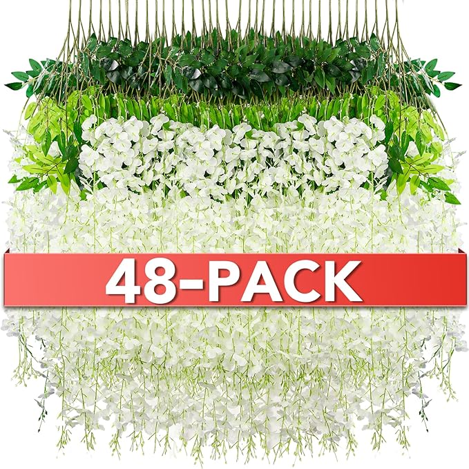 Wisteria Hanging Flowers,Fake Hanging Flowers,Wisteria artificiales Garland for Home Wedding Arch Floral Party Garden Ceremony Outdoor Decor,3.6 feet Long(48,White)