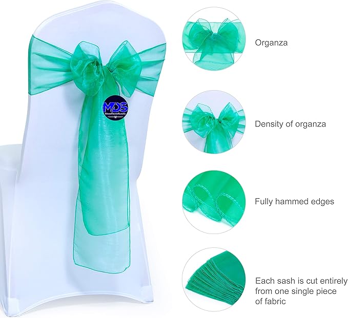 MDS Pack of 75 PCS Organza Chair Sashes Wider Dining Chair Bows Ribbon Tie Back for Wedding Party Birthday Bridal Shower Reception Event Banquet Home Chair Cover Decoration - Green