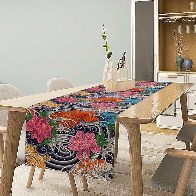 Japanese Retro Flowers Table Runner Oriental Tradition Kio Fish Art Printed Burlap Runner Home Kitchen Dining Table Living Room Decor Fabric 1 Panel W13xL120in