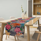 Japanese Retro Flowers Table Runner Oriental Tradition Kio Fish Art Printed Burlap Runner Home Kitchen Dining Table Living Room Decor Fabric 1 Panel W13xL90in