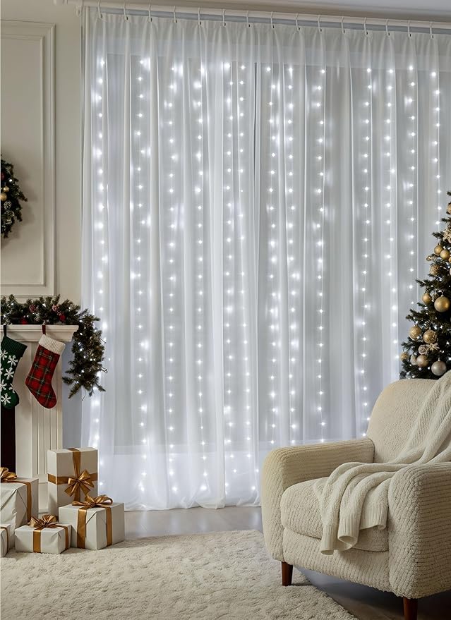 Brightown Curtain String Lights, Hanging Fairy Lights with Remote, 8 Modes, Waterproof Window Lights for Bedroom Backdrop Wedding Outdoor Christmas Party, White, 300LEDs