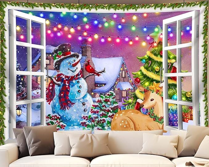 QGHOT Christmas Window Tapestry Wall Hanging, Christmas Backdrop Winter Window Wall Decor Xmas Snowman Deer Tapestries for Bedroom Living Room Dorm Holiday Party Decoration, Extra Large