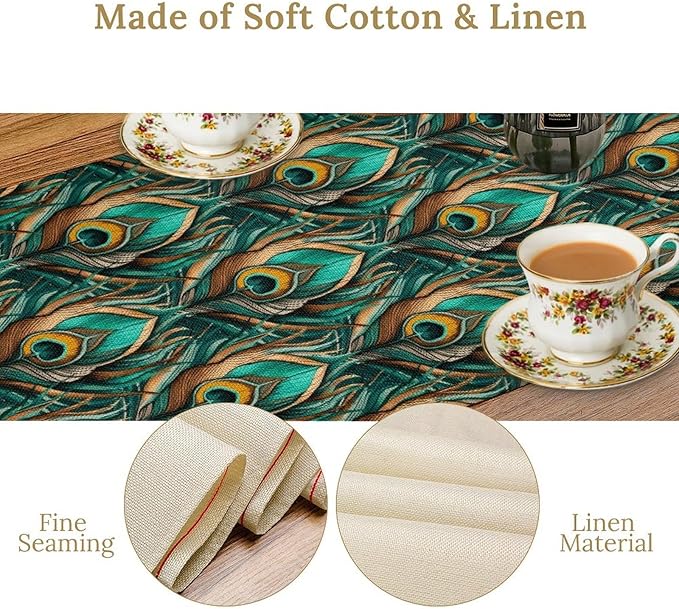 Peacock Feather Table Runner,Retro Aesthetic Green Table Runner for Home Kitchen Dining Party Indoor Outdoor Decoration 13x36 Inch