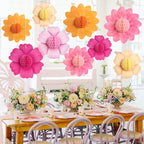 SUNBEAUTY 9 PCS Hot Pink and Orange Party Decorations Fall Large Hanging Paper Flowers Honeycomb Tissue Fiesta Sunset Autumn Decor for Birthday Thanksgiving Wedding Bridal Baby Shower Backdrop Wall