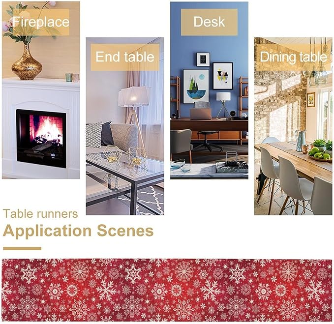 Snowflakes Christmas Table Runner, Winter Holiday Red Table Cloth Kitchen Dining Table Decoration for Home Party Decor 13x90 Inch