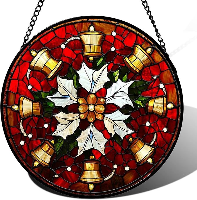 Stained Glass Window Hanging - Golden Bells Flowers Suncatcher for Doors Home Christmas Decoration Winter Sun Catcher Thanksgiving New Year Birthday Gift for Friend Women Men Mom Nana 15 in