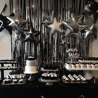 PartyWoo Black Streamers Tinsel Backdrop Curtain 3pcs 8.2ft Foil Fringe Curtain for Black History Month Juneteenth Gothic Wedding Retirement Halloween Cow Print Theme Party Celebration Decorations
